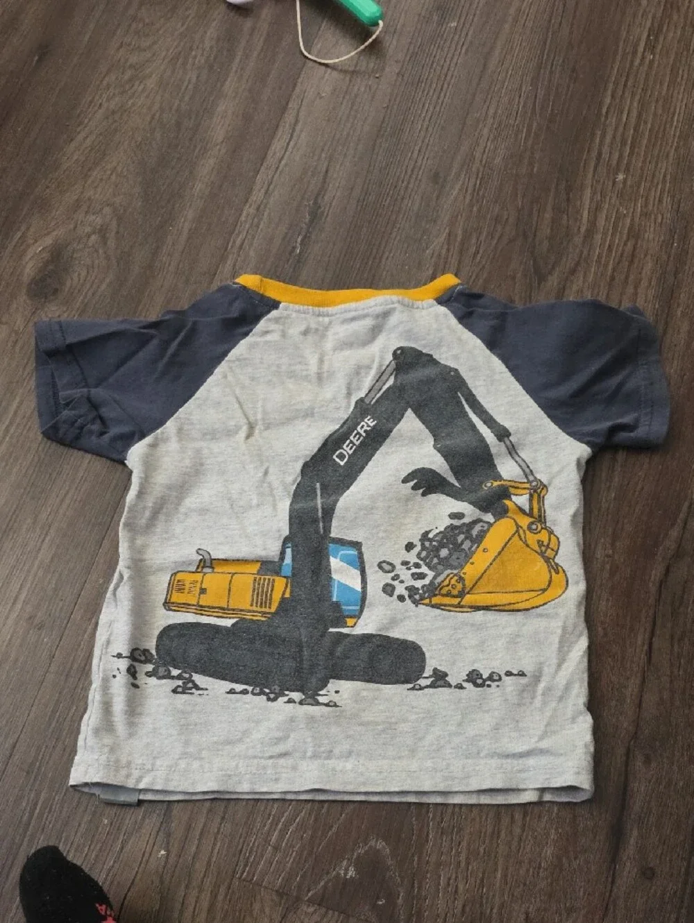 John Deere Gray Tee with Yellow Excavator Graphic and Navy Sleeves